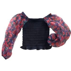 Calligraphie Sheer Floral Puff Sleeve Smocked Top S
